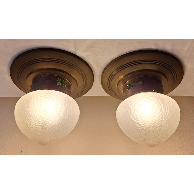 Antique German Art Nouveau Ceiling Lamps with Elaborate Brass Mounting and Original Frosted Relief Glass Shade, 1890s, Set of 2 For Sale - Image 3 of 8