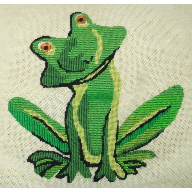 Ribbit! An adorable frog motif adorns this vintage custom made wool needlepoint pillow in Springtime shades of green...