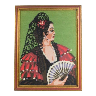 1950s Vintage Needlepoint Spaniard Woman With Fan Textile Art For Sale