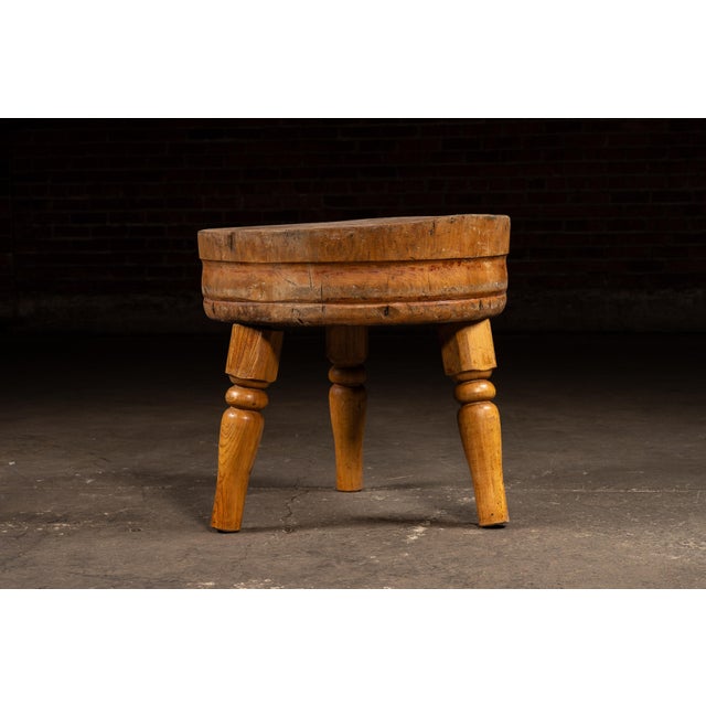 Rustic Early 20th Century Round Butcher Block Coffee Table on Wooden Legs For Sale - Image 3 of 7
