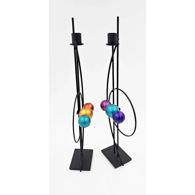 Black Rick Martin Signed Abstract Modernist Memphis Pop Art Steel Candlesticks Pair For Sale - Image 8 of 14