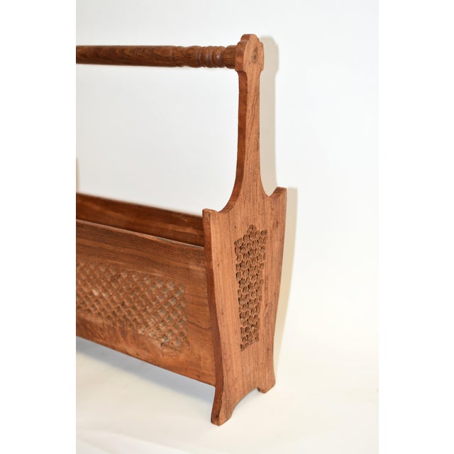 Indian Vintage Carved Teak Wood Magazine Rack For Sale - Image 3 of 15
