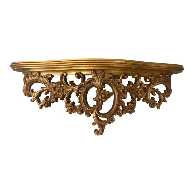 Mid 20th Century Syroco Wood Gold Demilune Ornate Curved Wall Shelf For Sale