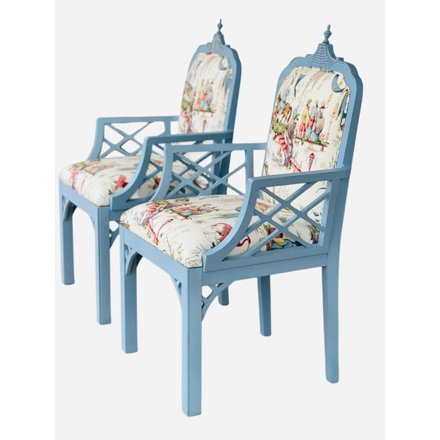 1980s Pair Newly Upholstered Blue Chinese Chippendale Chairs in Schumacher Tientsin Toile For Sale - Image 13 of 17