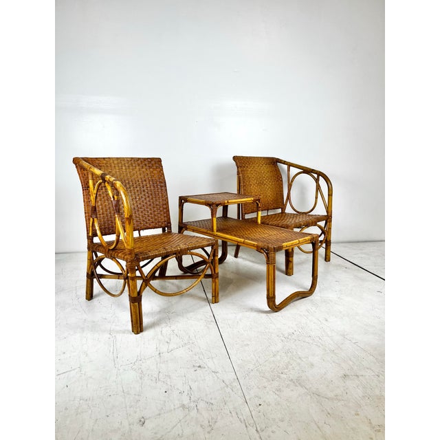 Vintage Rattan Caning Sectional Chairs and Side Table- 3 Piece Set For Sale - Image 4 of 11
