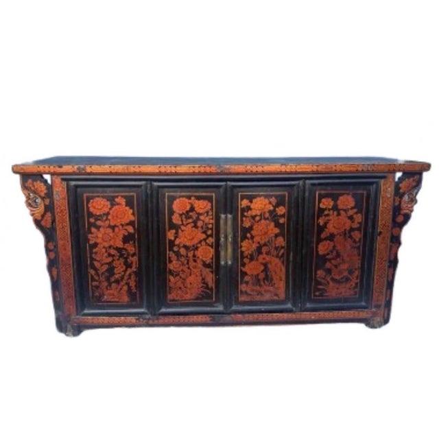 A substantial antique Chinese sideboard or credenza solid elm wood construction assembled with traditional tenon and...