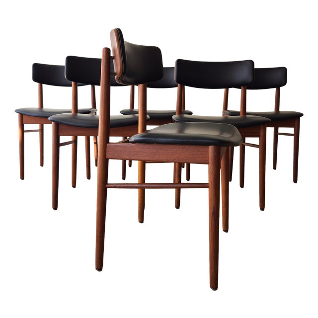 Vintage Danish Teak Dining Chairs in Black Italian Leather, 1960s, Set of 6 For Sale