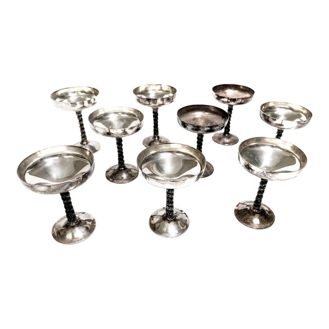 Mid Century Spanish Silver Plated Vine Wrapped Stemmed Goblets - 9 Pieces For Sale