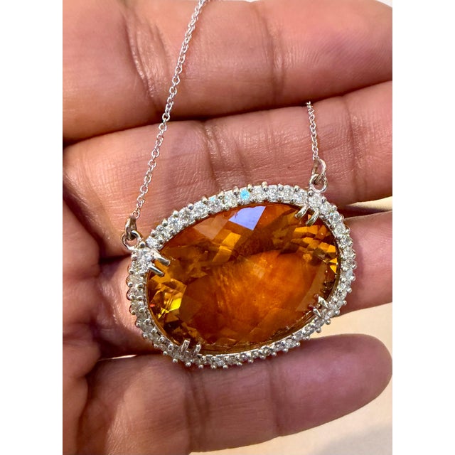 Natural 48 Carat Oval Citrine & Diamond Pendant 14 Karat White Gold Necklace For Sale - Image 4 of 8