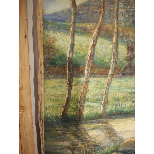 Large French Landscape Painting of a Hunter and Hillside Village, Signed and Dated 1962 For Sale - Image 4 of 12