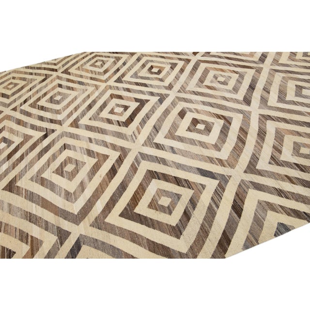 2010s Modern Geometric Kilim Handmade Wool Rug in Beige & Brown For Sale - Image 5 of 7