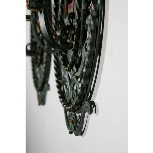 Green French Filigreed Green With Gold & Red Emblem Sconces - a Pair For Sale - Image 8 of 11