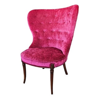 Vintage Magenta Velvet Wingback Slipper Chair Vanity Boudoir Chair 37” H For Sale