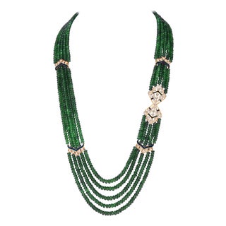 300 Carat 5-Strand Emerald Necklace with 4.8 Carat Diamond & Enamel in 14k Gold For Sale