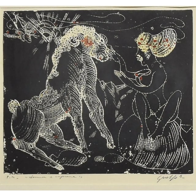 Woman and Goat- Original Woodcut by Guelfo - 1970s 1970s For Sale