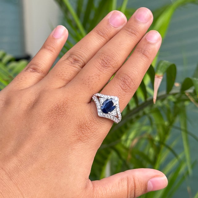 1920s Style 2.6 Ct Deep Blue Sapphire Art Deco Diamond Ring Size 6.5 in 14k White Gold For Sale - Image 11 of 16