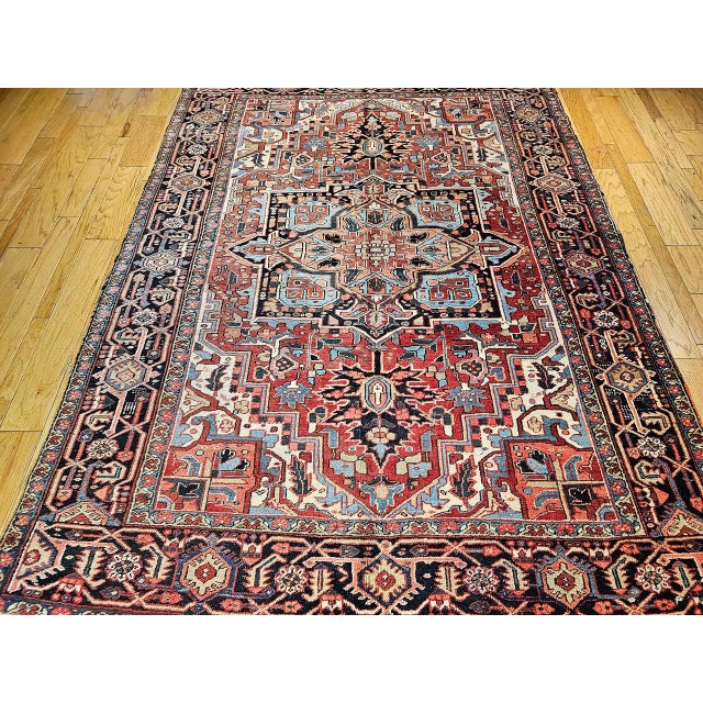 Vintage Heriz Serapi Rug, Hand-Knotted Wool, Geometric Medallion Pattern, Brick-Red & Blue, 9x12 For Sale - Image 15 of 15