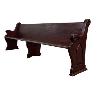 Antique American Gothic Revival 8 Ft Carved Solid Oak Church Pew For Sale