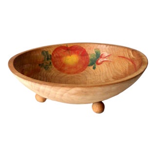 Vintage Hand-Painted Footed Wood Bowl For Sale