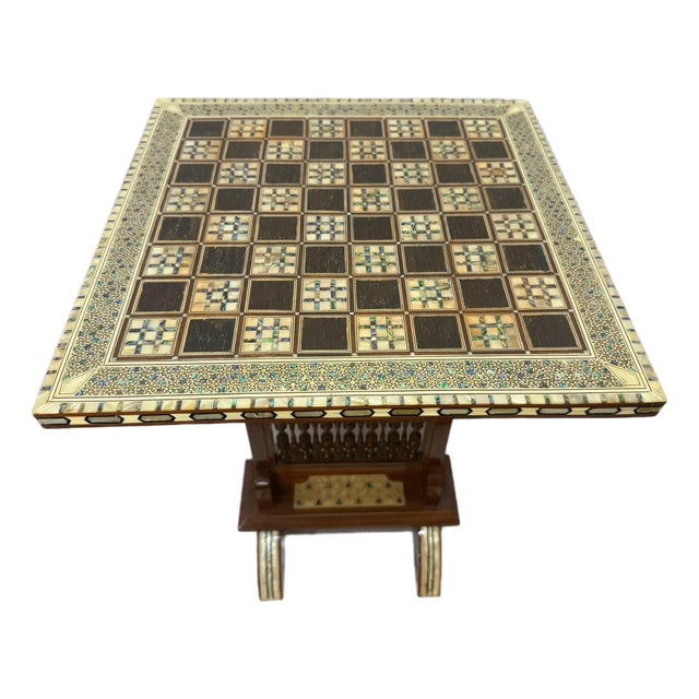 Handmade Arabic Folding Chess Table – Solid Wood & Mother of Pearl Inlay For Sale
