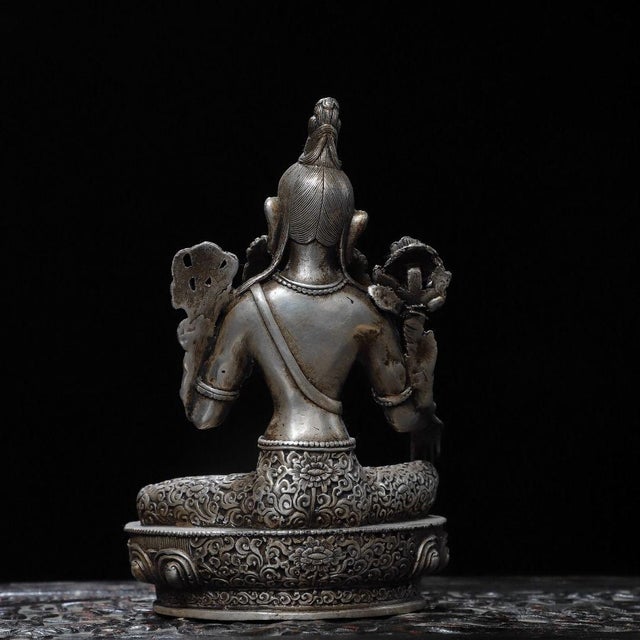 1910s Gilt Silver Green Tara Statue | 18cm Religious Buddhist Figure for Home Altar For Sale - Image 4 of 9
