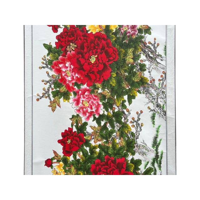Long Horizontal 141" Chinese Color Ink Red Peony Blossom Scroll Painting For Sale - Image 4 of 14