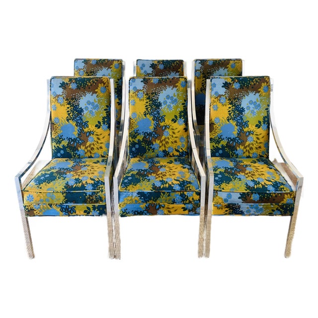 Vintage 1970s Set of 6 Milo Baughman X Jack Lenor Larsen Floral Upholstered Dining Chairs Mid Century Modern For Sale