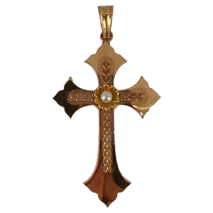 French 18k Rose Yellow Gold Pearl Cross Pendant, 1950s