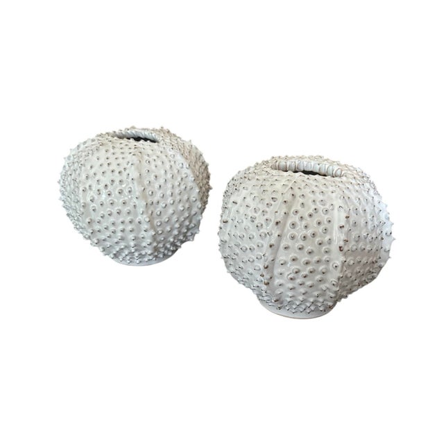 Pair of Vintage Italian White Ceramic Sea Urchin Vases For Sale - Image 4 of 12