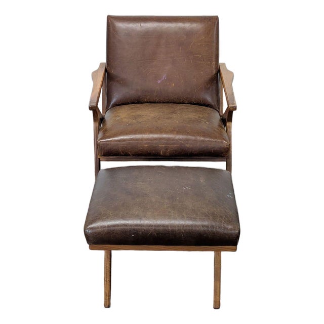 Crate & Barrel Mid-Century Lounge Chair and Ottoman Set For Sale