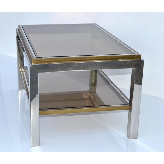Metal Signed Willy Rizzo Two-Tier Chrome & Brass Coffee Table Smoked Glass Italy 60s For Sale - Image 7 of 12
