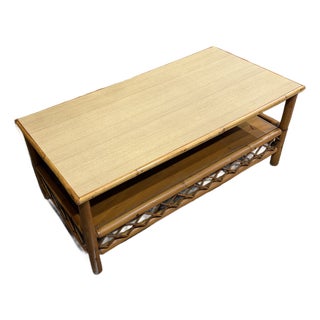 Vintage Bamboo Coffee Table With Formica Top and Wood Shelf For Sale