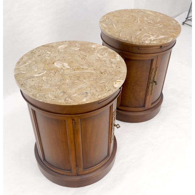 Late 20th Century Pair of Round Cylinder Shape Two Doors End Lamp Tables Stands Pull Out Trays For Sale - Image 5 of 18