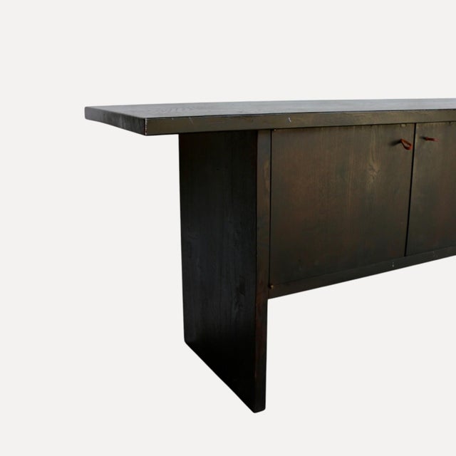Large Dark-Stained Oak Sideboard with Overhanging Top and 3 Large Doors with Leather Straps, France, 1950s For Sale - Image 12 of 13