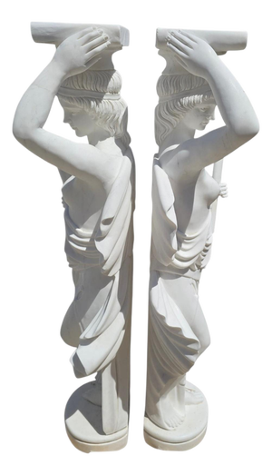 Italian Classical Marble Pedestals with Sculpted Figures, 1980, Set of 2
