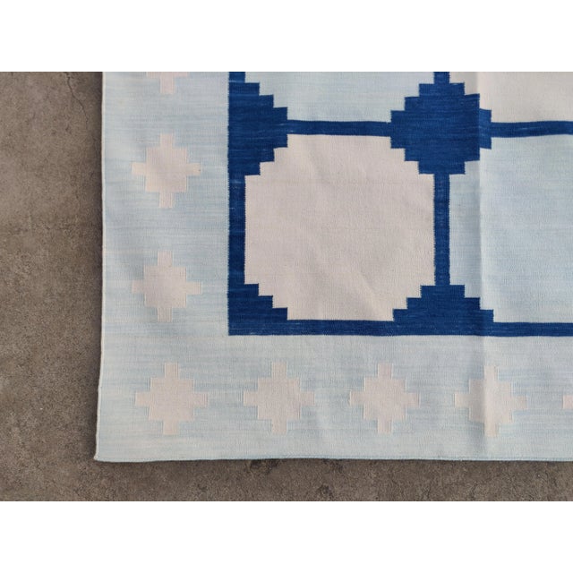 Handmade Cotton Natural Vegetable Dyed Reversible Light and Indigo Blue and White Box Pattern Vista Rug - 8'x10' For Sale - Image 10 of 11