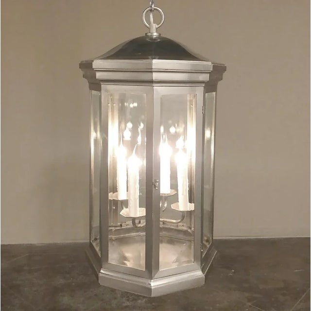 Mid-Century Brushed Steel Lantern Chandeliers - a Pair For Sale - Image 4 of 12