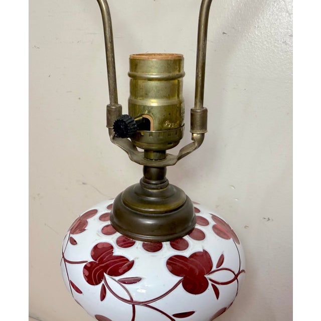 Antique 1800's Cut to Clear Cranberry Glass Stourbridge Bronze Oil Table Lamp For Sale - Image 9 of 14