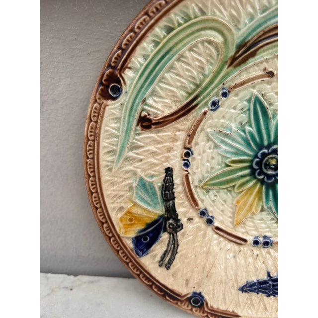 Art Nouveau Majolica Flowers & Butterfly Plate Wasmuel Circa 1890 For Sale - Image 3 of 4