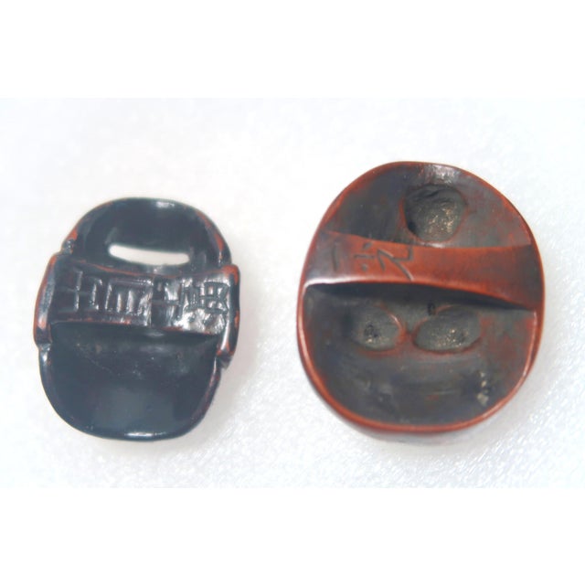 Wood Antique Carved Japanese Wood Mask Netsukes, Signed Deme Joman and Iko For Sale - Image 7 of 10