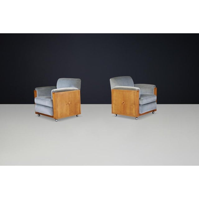 Gold Art Deco Dutch Armchairs with Inlay Motif in Oak and Velvet, 1930s, Set of 2 For Sale - Image 8 of 11