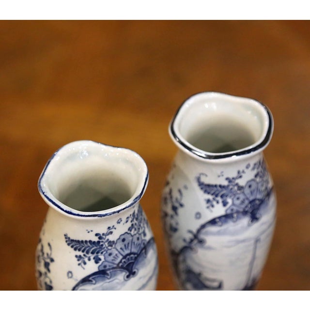 Pair of Early 20th Century Dutch Delft Blue and White Faience Bud Vases For Sale - Image 4 of 11