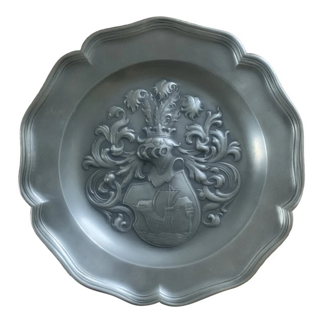 Mid-Century European Pewter Heraldic Wall Plate With Ship Crest For Sale