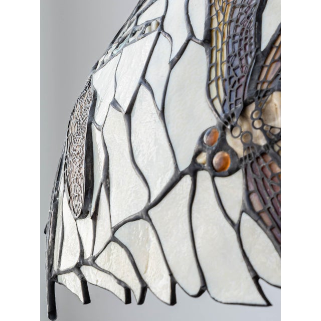 Beige Vintage Art Nouveau Dragonfly Leaded Glass Table Lamp with Bronze Base in the style of Tiffany For Sale - Image 8 of 18
