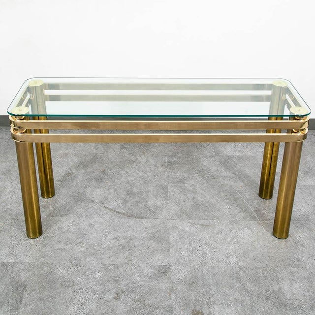 1970s Mid Century Modern Console Table Entry Sofa Metal Brass Glass Vintage Floating For Sale - Image 5 of 9