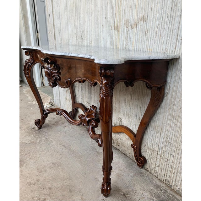 Early 20th Century Large French Regency Carved Walnut Console Table with White Marble Top '2 Avai' For Sale - Image 9 of 18