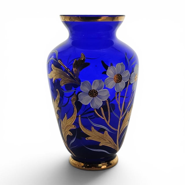 Bohemian Czech Hand-Blown Cobalt Blue Enamel & Fire-Gilt Cabinet Vase 8" For Sale - Image 10 of 17