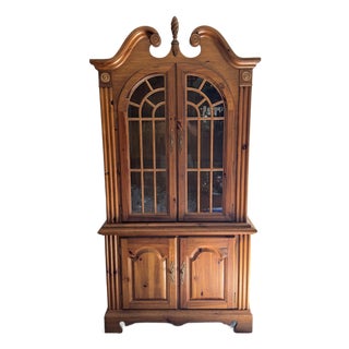 1960s Manor House Pine French Country Breakfront Glass China Hutch Cabinet For Sale