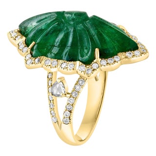 Vintage 12 Ct Natural Carved Emerald & 1.5 Ct Diamond Ring 18 Kt Yellow Gold For Sale