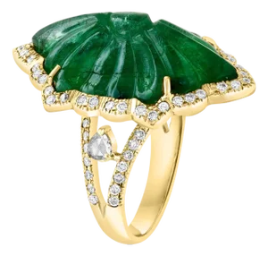 Vintage 12 Ct Natural Carved Emerald & 1.5 Ct Diamond Ring 18 Kt Yellow Gold